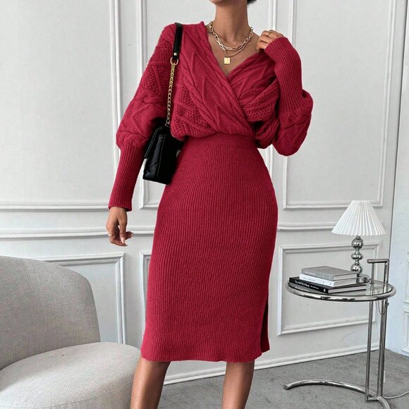 Burgundy Batwing Sleeve Split Hem Women's Knitted Sweater midi Dress - Picture 5 of 6